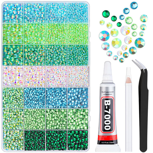 20000Pcs Green Rhinestones for Bedazzling with 1Pcs B7000 Jewelry Glue, Resin Rhinestones for Crafting Crafts DIY, Bedazzler Kit Gems for Clothing Shoes Tumblers Nail Art Assorted Size 3/4/5/6mm-GlimoraGlow