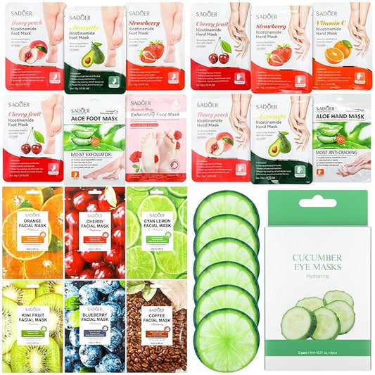 24 Pcs Fruits Beauty Facial Hand Foot Mask Cooling Eye Pads Set Spa Party Night Kit Beauty Skincare Hydrating Skin Cooling Eye Masks for Puffy Eyes Spa Stocking Stuffers Night Summer Party-GlimoraGlow