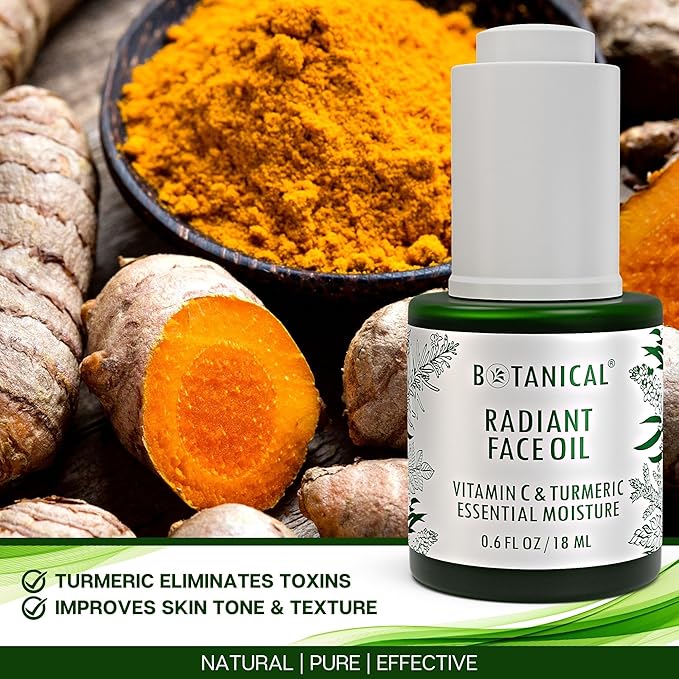 Botanical Radiant Face Oil | Skin Brightening Turmeric & Vitamin C Serum w/Gua Sha Lift Scraper | Organic, Pure, Natural Skincare (0.6 fl oz | 18 ml)-GlimoraGlow