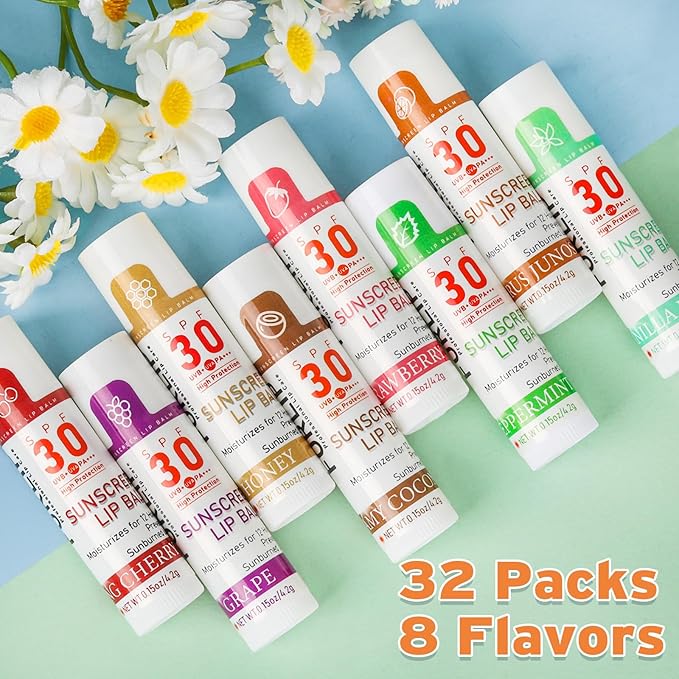 SPF 30 Lip Balm with Sunscreen, SPF Lip Balm Bulk Travel Size-32 Pack, Hydrating Lip Balm Pack with Vitamin E and Coconut Oil- 8 Flavors-GlimoraGlow