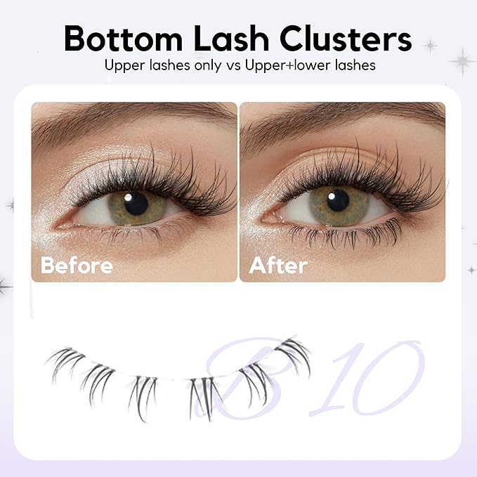 GAQQI Bottom Lash Clusters Natural Bottom Lashes Clear Band, DIY Lash Extensions Lower Lashes, Soft & Comfortable Thin Band Bottom Eyelashes Wispy Daily Style 5mm+6mm 48pcs(B10)-GlimoraGlow