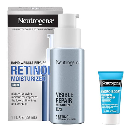 Neutrogena Rapid Wrinkle Repair Retinol Face Moisturizer Night Cream, Anti-Aging Face Cream with Retinol & Hyaluronic Acid, 1 fl. oz + Trial Size Hydro Boost Facial Cleanser, 0.5 fl. oz-GlimoraGlow