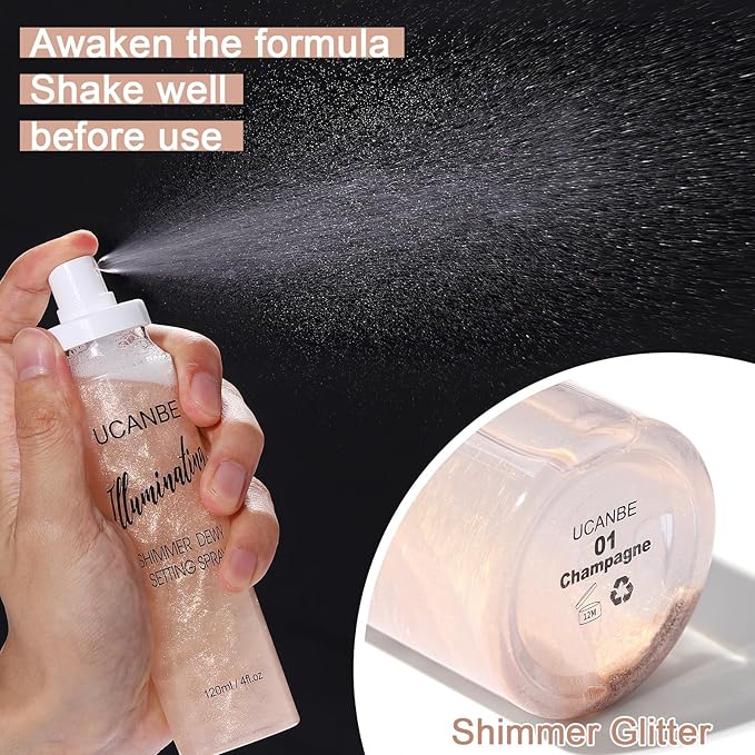 UCANBE Shimmer Dewy Setting Spray – Glowing + Makeup Setting Spray 2 in 1 Lightweight Formula for a Radiant Glow,Long-Lasting Face Mist for Face Body, 4 Fl Oz #Champagne-GlimoraGlow