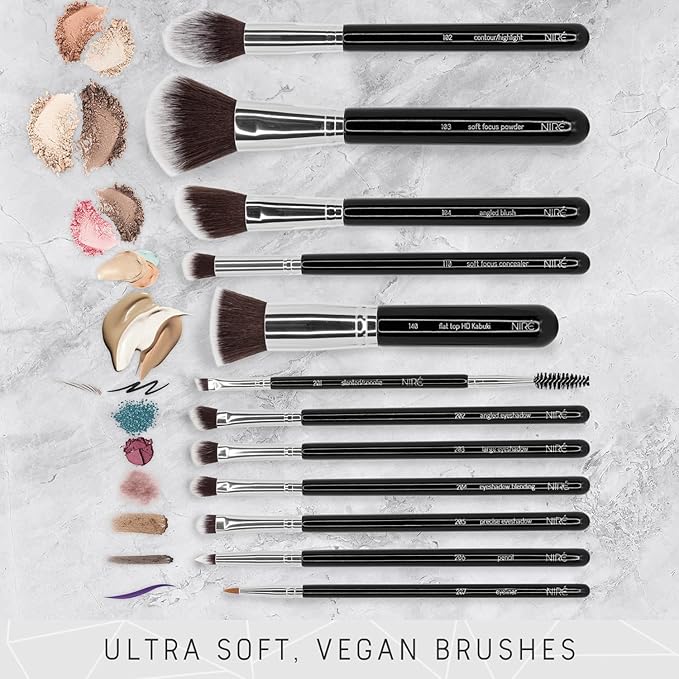 Niré Beauty 15piece Award Winning Professional Makeup Brush Set: Vegan Makeup Brushes with Case, Makeup Sponge, Brush Cleaner, Guide, Gift Box-GlimoraGlow