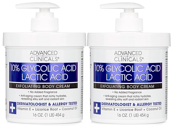 Advanced Clinicals 10% Glycolic Acid + Lactic Acid Lotion Exfoliant Moisturizing Cream With Hyaluronic Acid Moisturizer | AHA Exfoliating Body Cream Improves Look Of Uneven Rough Skin Texture, 2-Pack-GlimoraGlow