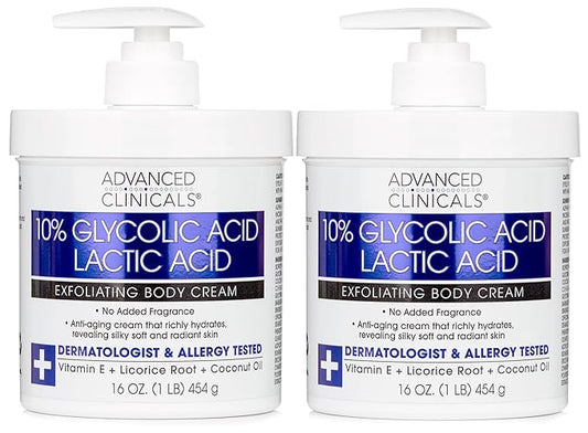 Advanced Clinicals 10% Glycolic Acid + Lactic Acid Lotion Exfoliant Moisturizing Cream With Hyaluronic Acid Moisturizer | AHA Exfoliating Body Cream Improves Look Of Uneven Rough Skin Texture, 2-Pack-GlimoraGlow