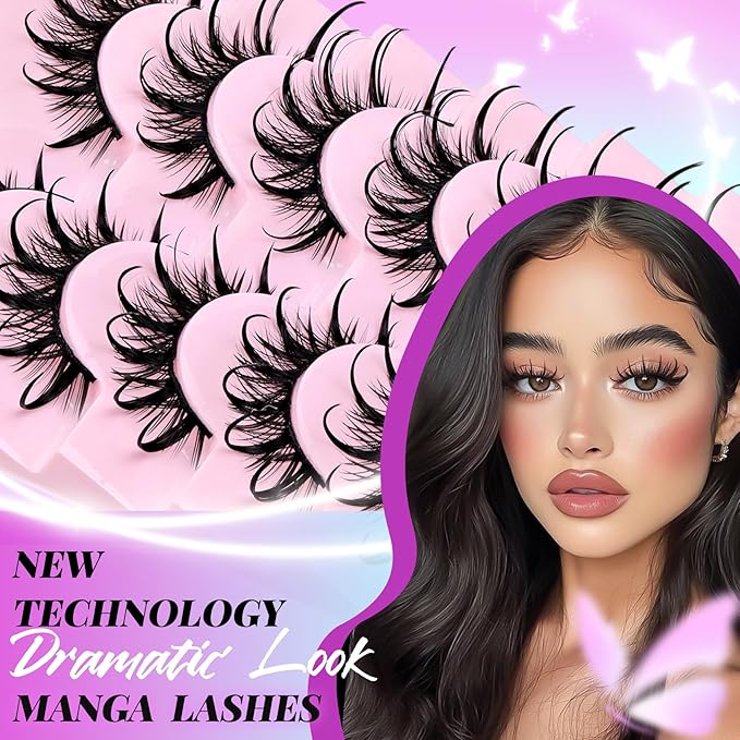 Losha Lashes Spiky Manga Lashes Wet Look Dramatic False Eyelashes 10 Pairs D Curl Cat Eye Lashes Kit with Lash Glue and Lash Tweezers Cosplay Anime Fake Eyelashes (Daring)-GlimoraGlow