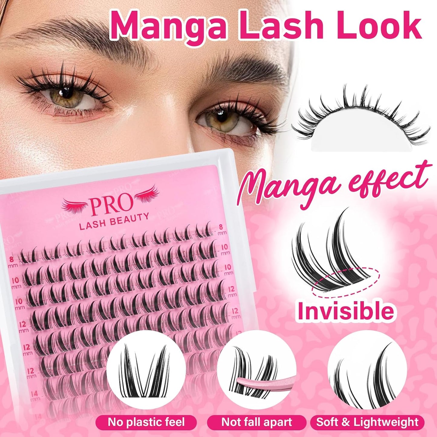 PROLASHBEAUTY Manga Lash Clusters Kit Wispy Eyelash Clusters DIY Lash Extension Kit Individual lashes Incisible Band Eyelash Extension Kit with Lash Glue, Tweezers Lash Brush (Genie,8-16mix)-GlimoraGlow