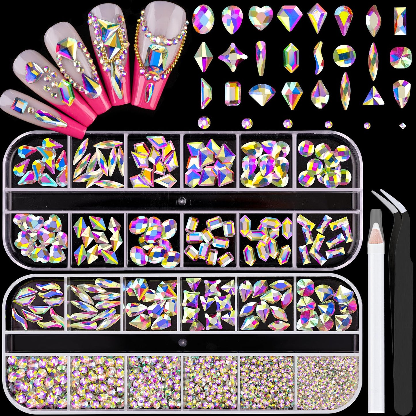 1680Pcs AB Glass Nail Rhinestones 180Pcs Multi Shapes Flatback Nail Gems + 1500Pcs 1.5-4mm Round Crystal, Manicure Nail Charms Diamond Gemstones for Acrylic Nails Decoration-GlimoraGlow