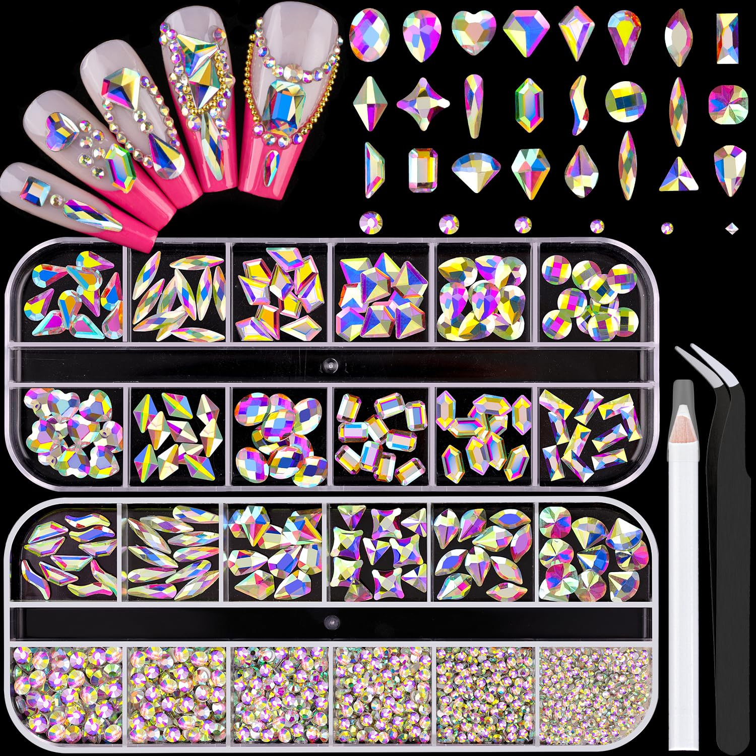 1680Pcs AB Glass Nail Rhinestones 180Pcs Multi Shapes Flatback Nail Gems + 1500Pcs 1.5-4mm Round Crystal, Manicure Nail Charms Diamond Gemstones for Acrylic Nails Decoration-GlimoraGlow