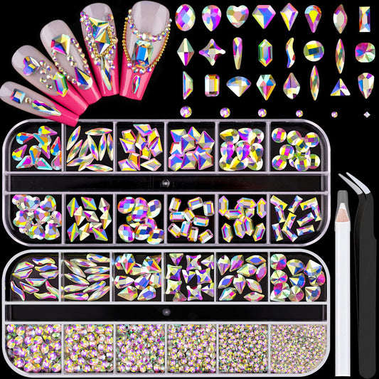 1680Pcs AB Glass Nail Rhinestones 180Pcs Multi Shapes Flatback Nail Gems + 1500Pcs 1.5-4mm Round Crystal, Manicure Nail Charms Diamond Gemstones for Acrylic Nails Decoration-GlimoraGlow