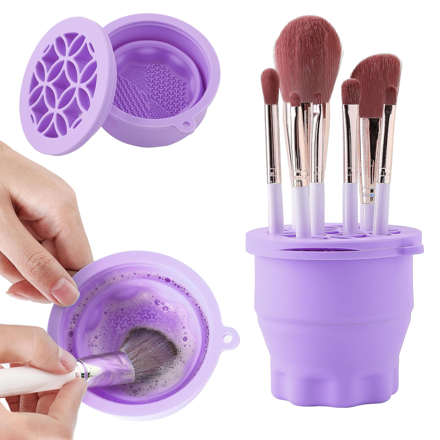 Makeup Brush Cleaner - Foldable Silicone Makeup Brush Cleaner Mat with Brush Storage Holder Makeup Brush Cleaning Bowl Cosmetic Brush Washing Tool for Cleaning Organizer and Drying (Purple)-GlimoraGlow