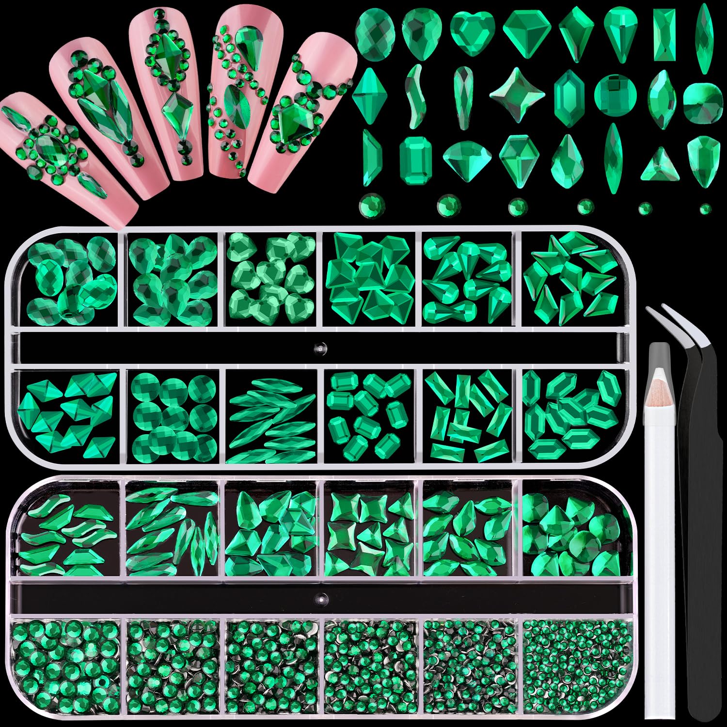 1680Pcs Emerald Green Glass Nail Rhinestones 180Pcs Multi Shapes Flatback Nail Gems + 1500Pcs 1.5-4mm Round Crystal, Manicure Nail Charms Diamond Gemstone for Acrylic Nails Decoration-GlimoraGlow
