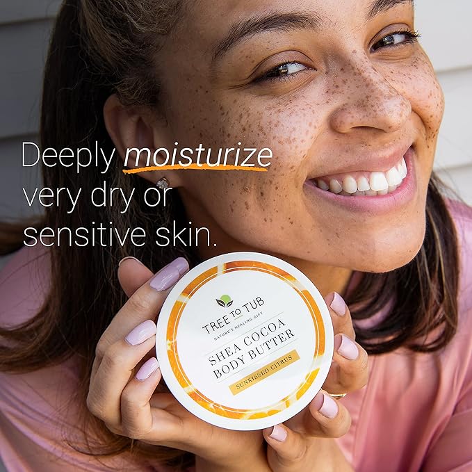 Tree to Tub Shea Body Butter for Dry, Extremely Dry, Sensitive Skin - Moisturizing Body Cream for Women & Men, Hydrating Body Lotion Moisturizer w/Vitamin C, Organic Cocoa, All Natural Citrus Scent-GlimoraGlow