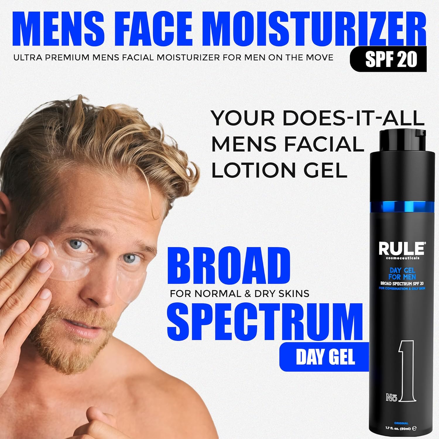 No.1 Day Gel for Men, 10-in-1 Anti-Aging Face Moisturizer to Reduce Wrinkles, SPF 20, Collagen, Vitamins B, C & E - Combination & Oily Skin - Original, 50 mL-GlimoraGlow