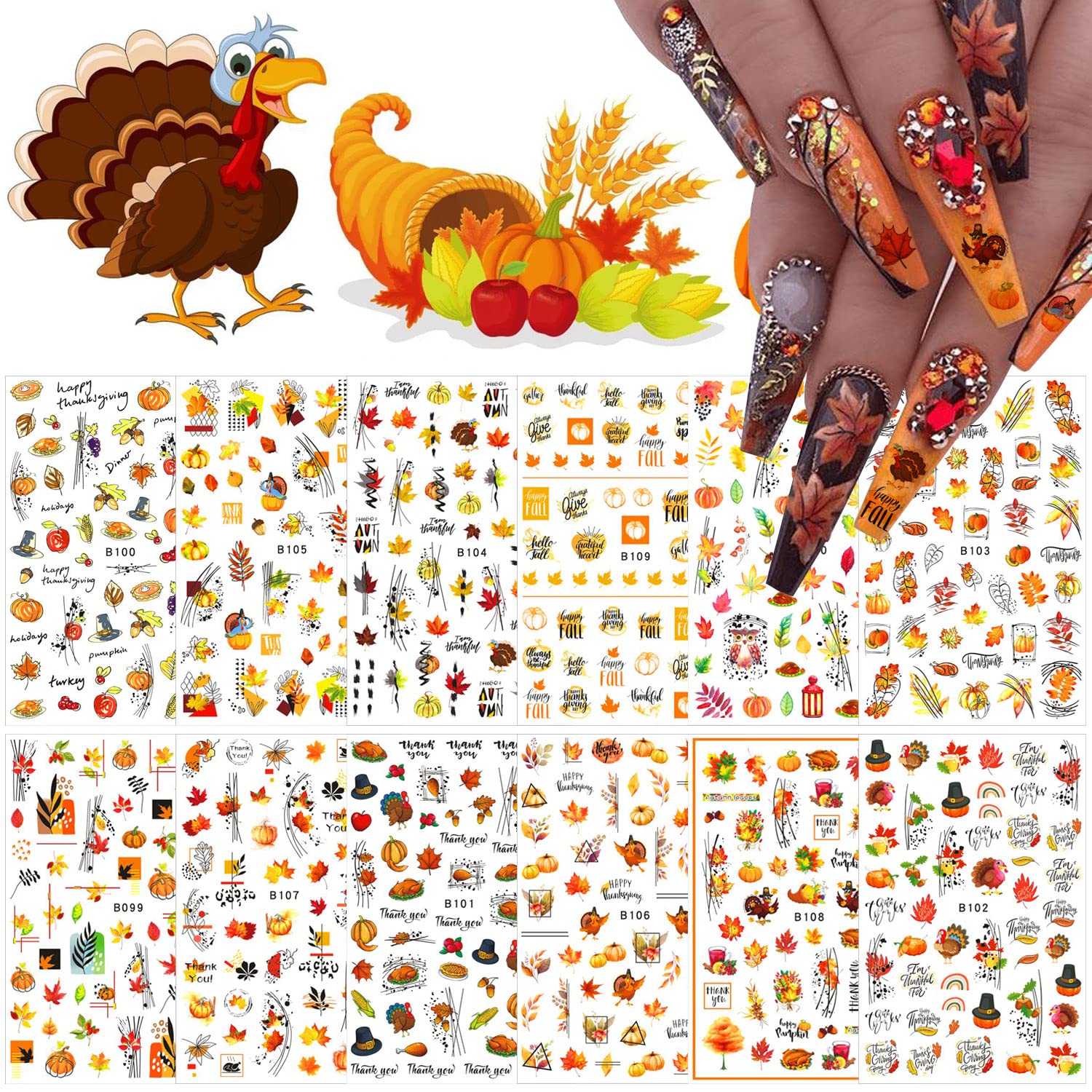12 Sheets Fall Nail Art Stickers 3D Autumn Leaves Nail Decals Self-Adhesive Thanksgiving Nail Art Accessories Foils Maple Leaf Pumpkin Turkey Nail Designs for Women Girls DIY Manicure Decoration-GlimoraGlow