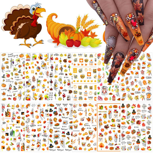 12 Sheets Fall Nail Art Stickers 3D Autumn Leaves Nail Decals Self-Adhesive Thanksgiving Nail Art Accessories Foils Maple Leaf Pumpkin Turkey Nail Designs for Women Girls DIY Manicure Decoration-GlimoraGlow