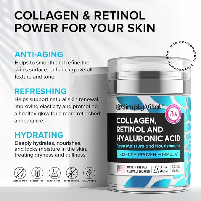 SimplyVital Collagen, Retinol & Hyaluronic Acid Cream - Anti-Aging Retinol Cream for Face, Neck & Décolleté - Made in USA - Daily Moisturizer Face Cream - 3.38 fl oz-GlimoraGlow