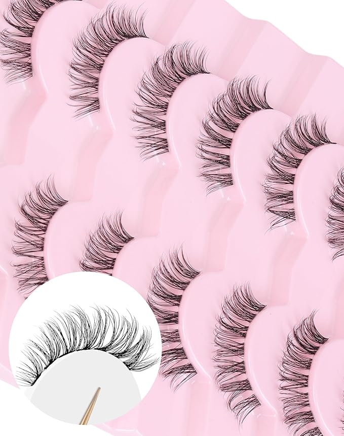 Wispy lashes natural look false eyelashes C curl fake lashes 3d Fluffy eye lashes clear band lashes Pack 7 Pairs-GlimoraGlow
