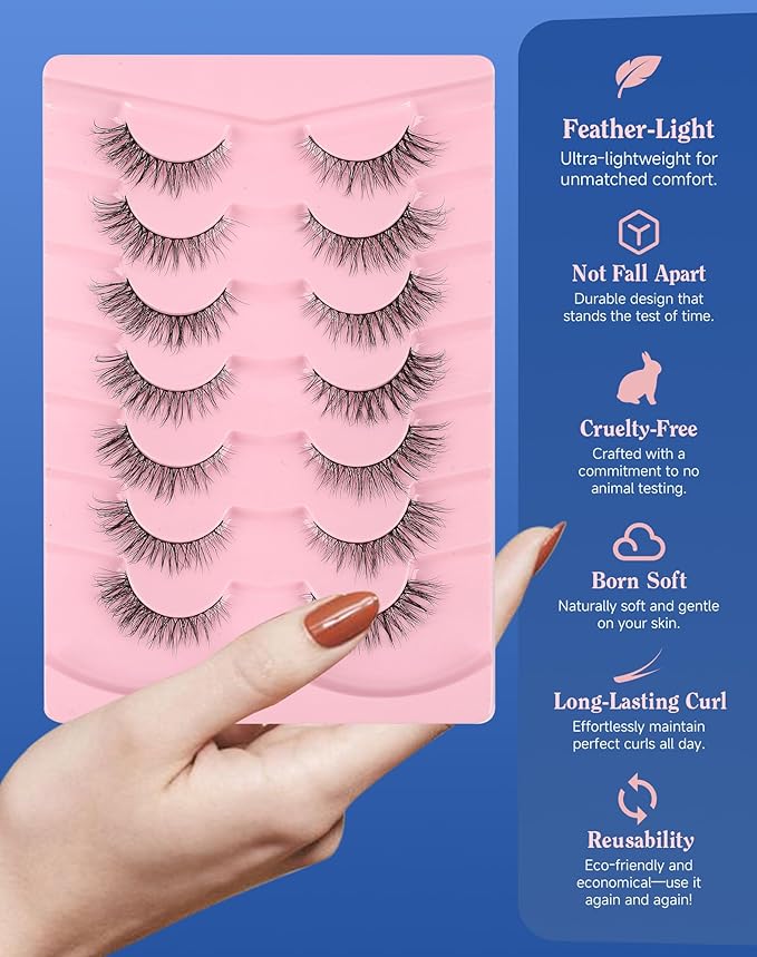 Natural Lashes Wispy Everyday Natural Look Flared Eyelashes Fairy False Cateye Lash Soft False Eyelashes Fluffy 7 Pairs D77-GlimoraGlow
