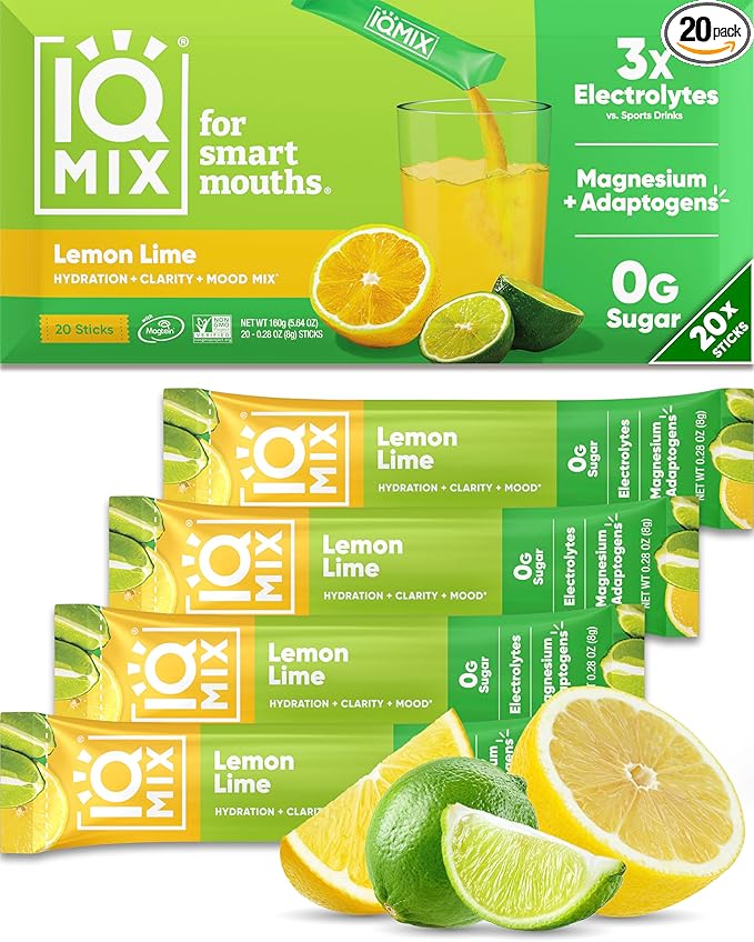 IQMIX Hydration Electrolyte Powder – 4-in-1 Formula for Hydration, Mental Clarity, Mood and Recovery – Sugar-Free Drink Mix, Keto, Magnesium L-Threonate, Lion’s Mane – 20 Count Lemon Lime-GlimoraGlow