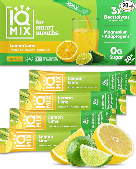 IQMIX Hydration Electrolyte Powder – 4-in-1 Formula for Hydration, Mental Clarity, Mood and Recovery – Sugar-Free Drink Mix, Keto, Magnesium L-Threonate, Lion’s Mane – 20 Count Lemon Lime-GlimoraGlow
