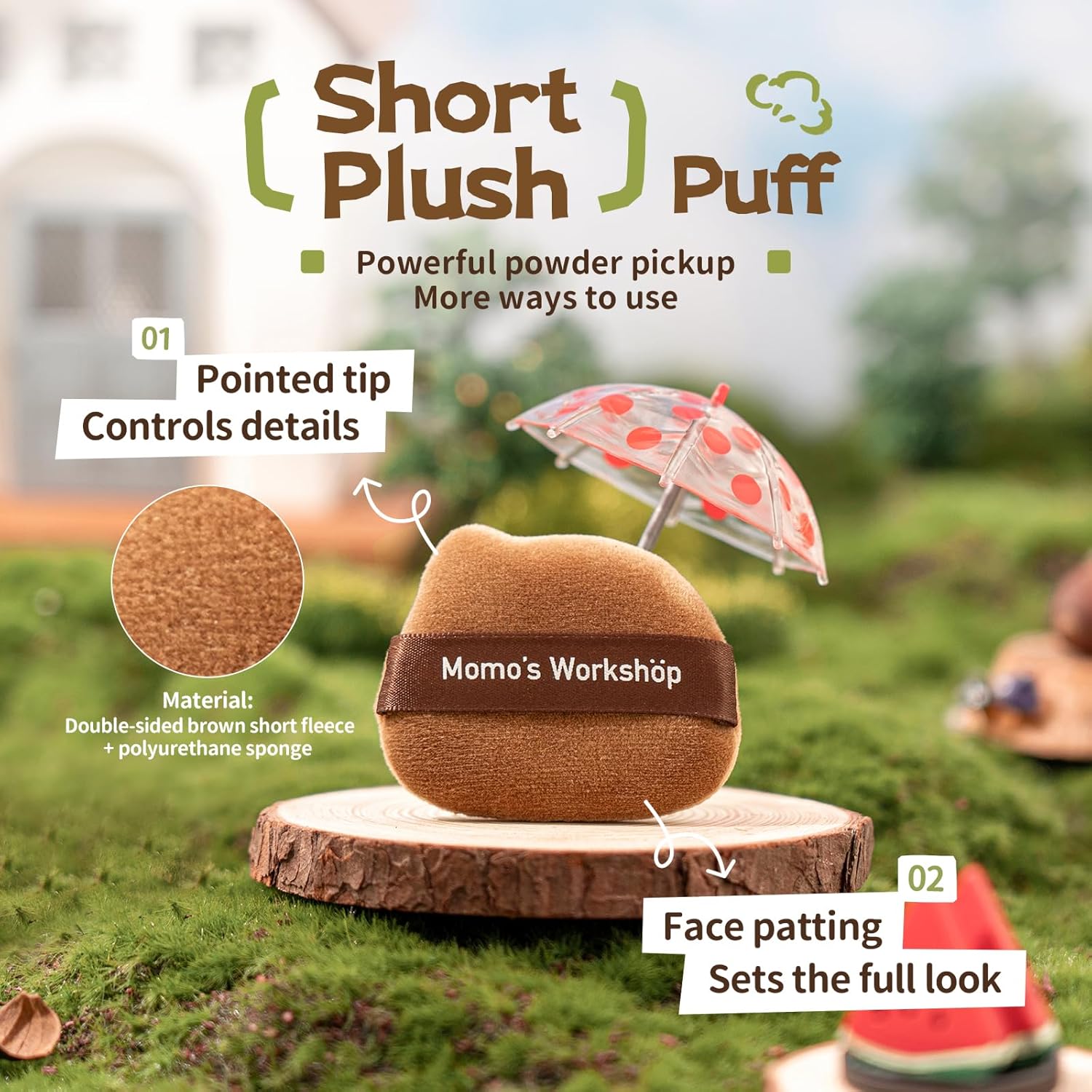 Single-Ear Short Plush Puff,Brown Velvet Powder Puff, 85° Pointed Tip for Highlighting & Full-Face Setting,3pcs Plush Puffs & Storage Case-GlimoraGlow