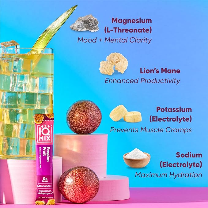 IQMIX Hydration Electrolyte Powder – 4-in-1 Formula for Hydration, Mental Clarity, Mood and Recovery – Sugar-Free Drink Mix, Keto, Magnesium L-Threonate, Lion’s Mane – 40 Count Passion Fruit-GlimoraGlow