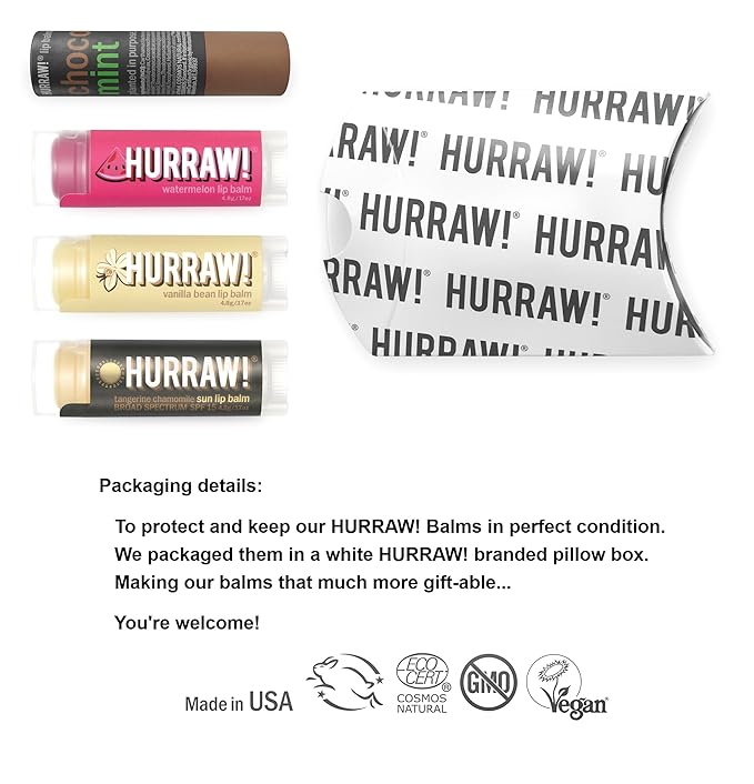 Hurraw! Lip Balms: Staff Favorites, 4 Balm Bundle Pack – Chocolate Mint, Watermelon, Vanilla Bean and Sun (SPF 15): Organic, Certified Vegan. 100% Natural Ingredients. Bee, Shea, Soy and Palm Free.-GlimoraGlow