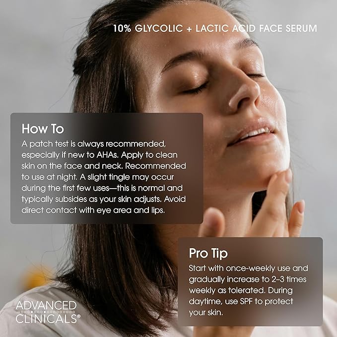 Advanced Clinicals Exfoliating 10% Glycolic Acid Serum For Face + Lactic Acid | Facial Exfoliant AHA + Salicylic Acid Serum To Improve Look Of Large Pores, Uneven Skin Tone, & Dark Spots, 1.75 FL Oz-GlimoraGlow
