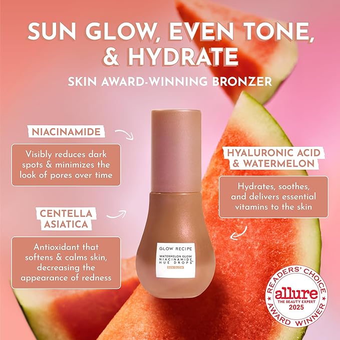 Glow Recipe Hue Drops - Mini Tinted Face Serum - Bronzing Drops to Brighten & Hydrate - Skincare Makeup Primer & Liquid Highlighter to Blur Pores for a Radiant, Even Skin Tone - Sun Glow (15ml)-GlimoraGlow