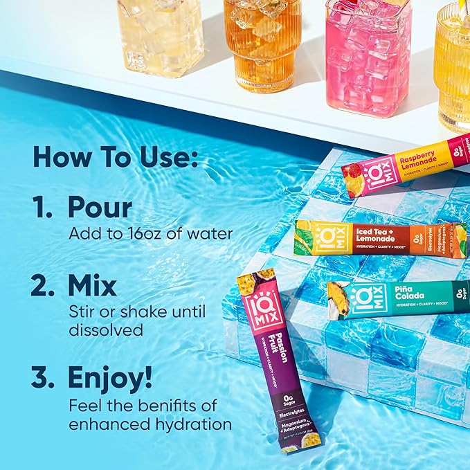 IQMIX Hydration Electrolyte Powder – 4-in-1 Formula for Hydration, Mental Clarity, Mood and Recovery – Sugar-Free Drink Mix, Keto, Magnesium L-Threonate, Lion’s Mane – 20 Count Vacation Variety Pack-GlimoraGlow