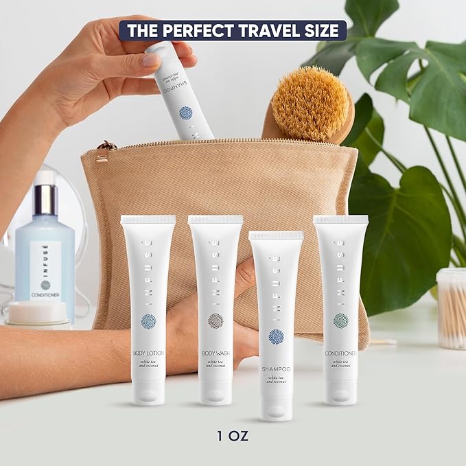 Infuse White Tea & Coconut Hotel Toiletries Bulk Set | 1-Shoppe Amenities Kit | 1oz Shampoo & Conditioner, Body Wash, Lotion | Travel Size | 80 Pieces-GlimoraGlow
