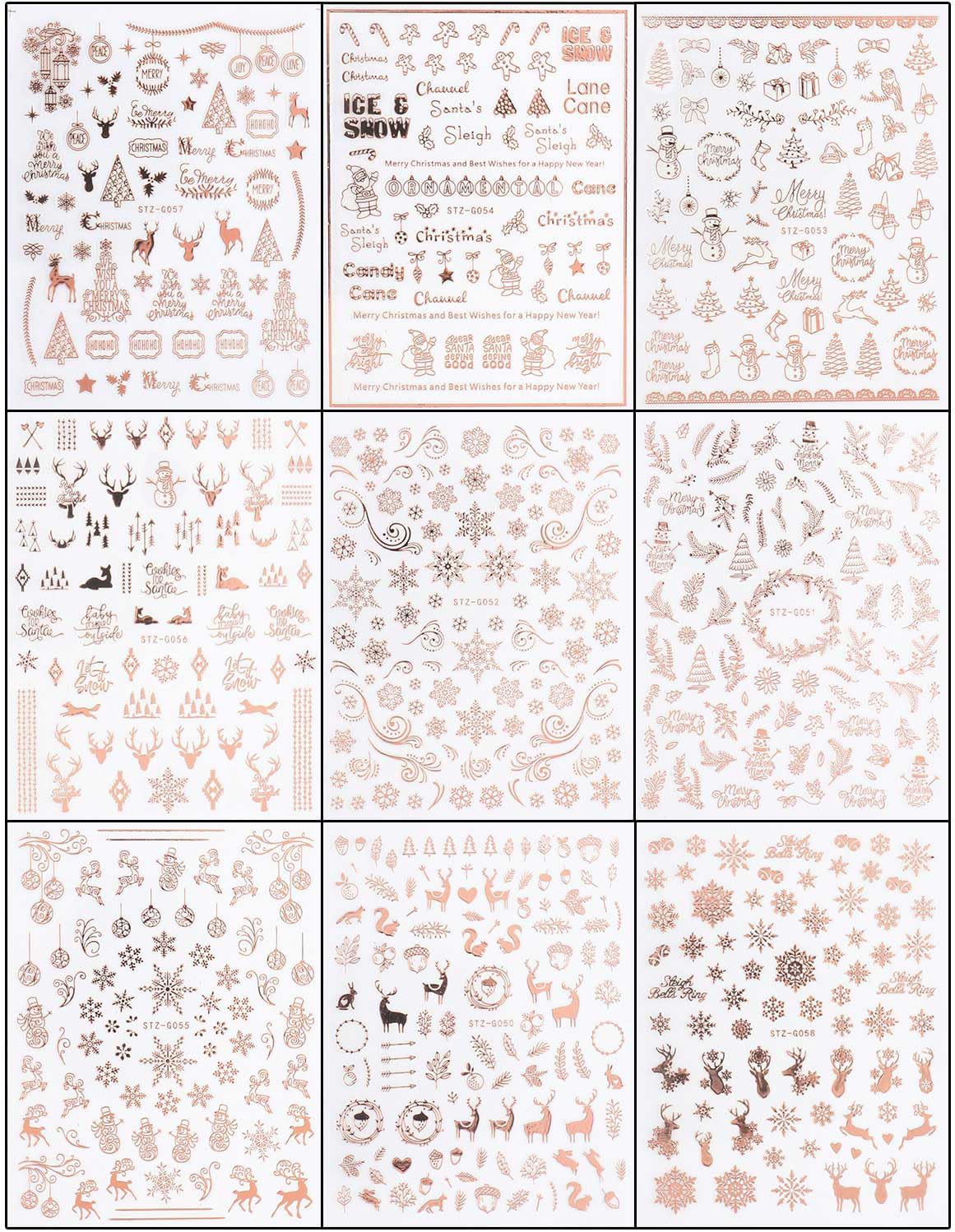 JMEOWIO 9 Sheets Christmas Nail Art Stickers Decals Self-Adhesive Pegatinas Uñas Navidad Rose Gold Winter Holiday Xmas Snowflake Nail Supplies Nail Art Design Decoration Accessories-GlimoraGlow