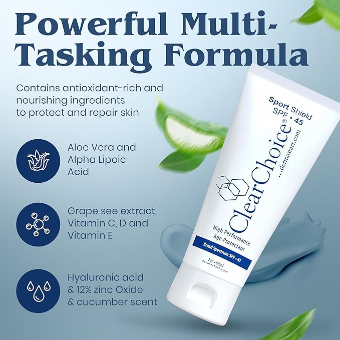 Clear Choice Travel Size Sunscreen for Face SPF 45, Mineral Oil Free Sunblock & Light Moisturizer with Zinc Oxide, Reef-Safe, Broad Spectrum, No White Cast, Dermatologist Recommended 2oz-GlimoraGlow