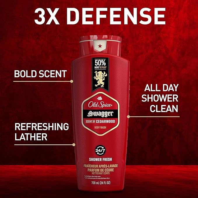 Old Spice Body Wash for Men, 24/7 Shower Fresh with Lasting Scent, Red Collection, Swagger with Cedarwood Scent, 24 fl oz (Pack of 2)-GlimoraGlow