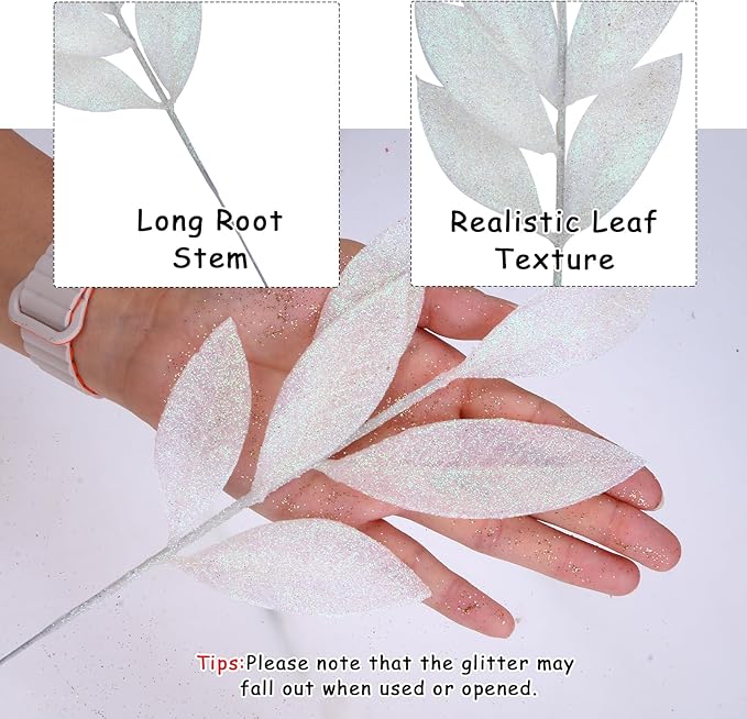 GREENTIME 12 Pack Artificial White Glitter Leaves 13" Fake Christmas Picks Decorative Glitter Sticks for Vase Christmas Tree DIY Wreath Crafts Fireplace Decor