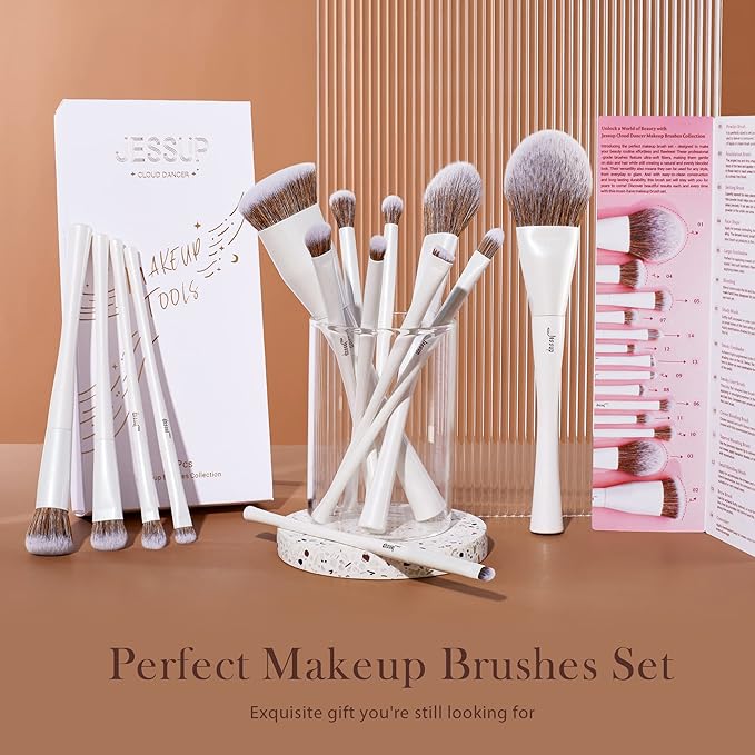Jessup Makeup Brushes Set 14pcs Make up Brushes Premium Synthetic Foundation Concealer Blush Contour Powder Eye Shadow Blending Brush, Pearl White T343-GlimoraGlow