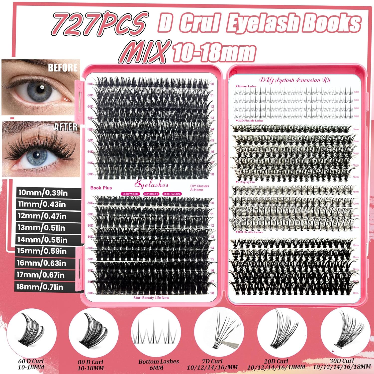 DIY Lash Extension Kit 727Pcs Lashes Clusters with Bottom Lashes Lash Bond and Seal Glue Remover Lash Shampoo Cleansing Brush Headband Wristband Tweezers Eyelash Brush Applicator-GlimoraGlow