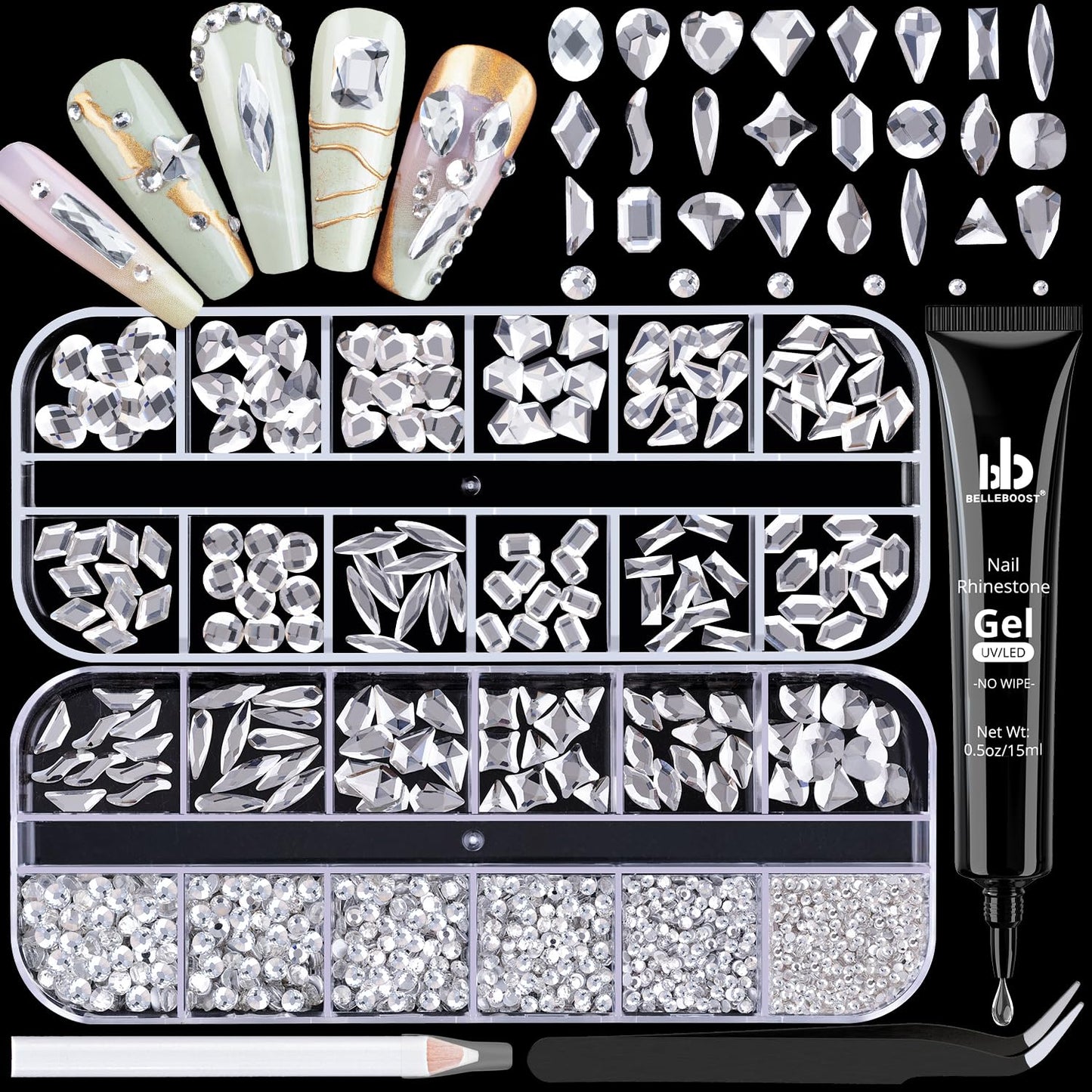 1680Pcs Silver Clear Nail Rhinestones 180Pcs Multi Shapes Glass Flatback Nail Gems + 1500Pcs 1.5-4mm Round Crystal with Rhinestones Glue Gel, Manicure Nail Charms Diamond Gemstones for Nail Art-GlimoraGlow