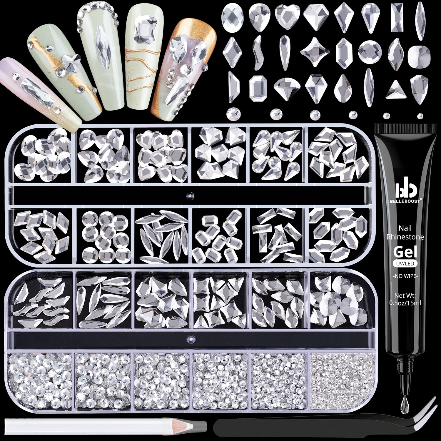 1680Pcs Silver Clear Nail Rhinestones 180Pcs Multi Shapes Glass Flatback Nail Gems + 1500Pcs 1.5-4mm Round Crystal with Rhinestones Glue Gel, Manicure Nail Charms Diamond Gemstones for Nail Art-GlimoraGlow