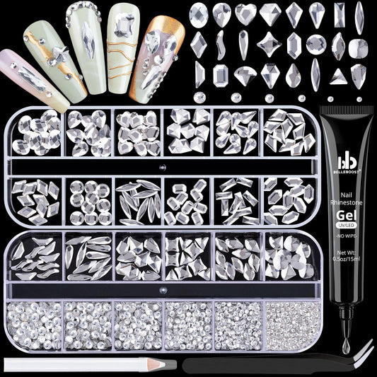 1680Pcs Silver Clear Nail Rhinestones 180Pcs Multi Shapes Glass Flatback Nail Gems + 1500Pcs 1.5-4mm Round Crystal with Rhinestones Glue Gel, Manicure Nail Charms Diamond Gemstones for Nail Art-GlimoraGlow