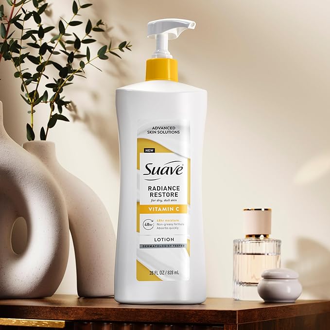 Suave Radiance Restore Hand & Body Lotion For Women With Vitamin C, Brighten & Hydrate Dry, Dull Skin, Non Greasy, Moisturizing Cream Evens Skin Tone, Allergen Free, 28 FL OZ Pump, 4 Pack-GlimoraGlow