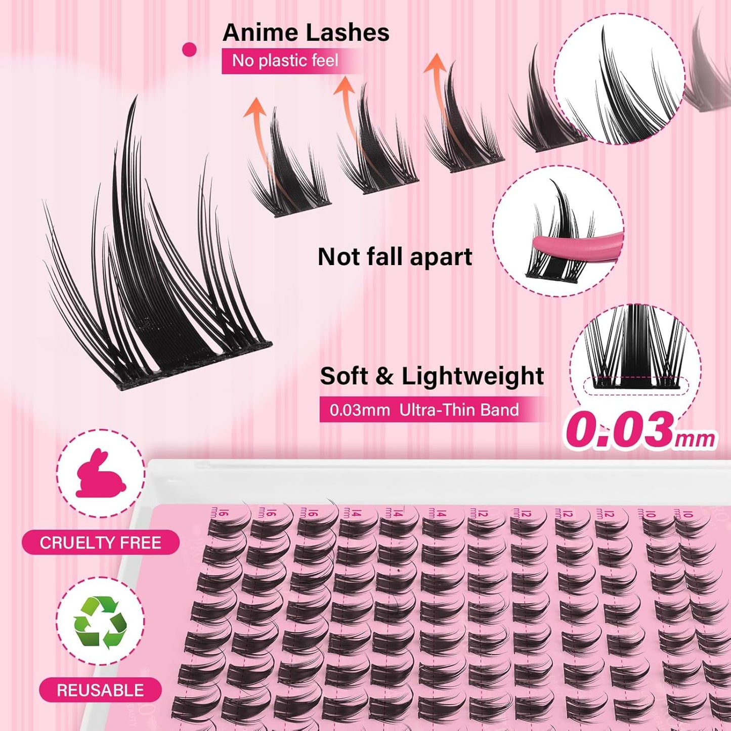 PROLASHBEAUTY Manga Lash Clusters, Eyelash Clusters 10-16 Mixed Cluster Eyelash Extensions Mixed Lash Extension Reusable Soft & Comfortable (Anime,10-16mix)-GlimoraGlow