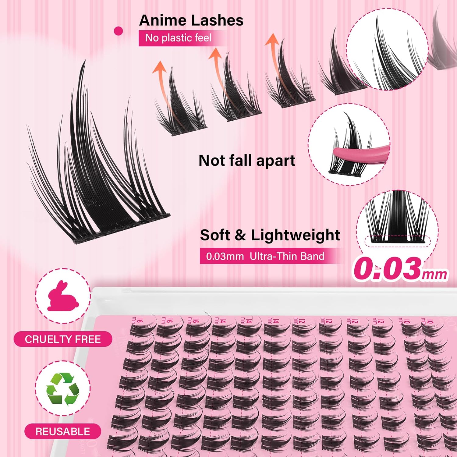 PROLASHBEAUTY Manga Lash Clusters, Eyelash Clusters 10-16 Mixed Cluster Eyelash Extensions Mixed Lash Extension Reusable Soft & Comfortable (Anime,10-16mix)-GlimoraGlow
