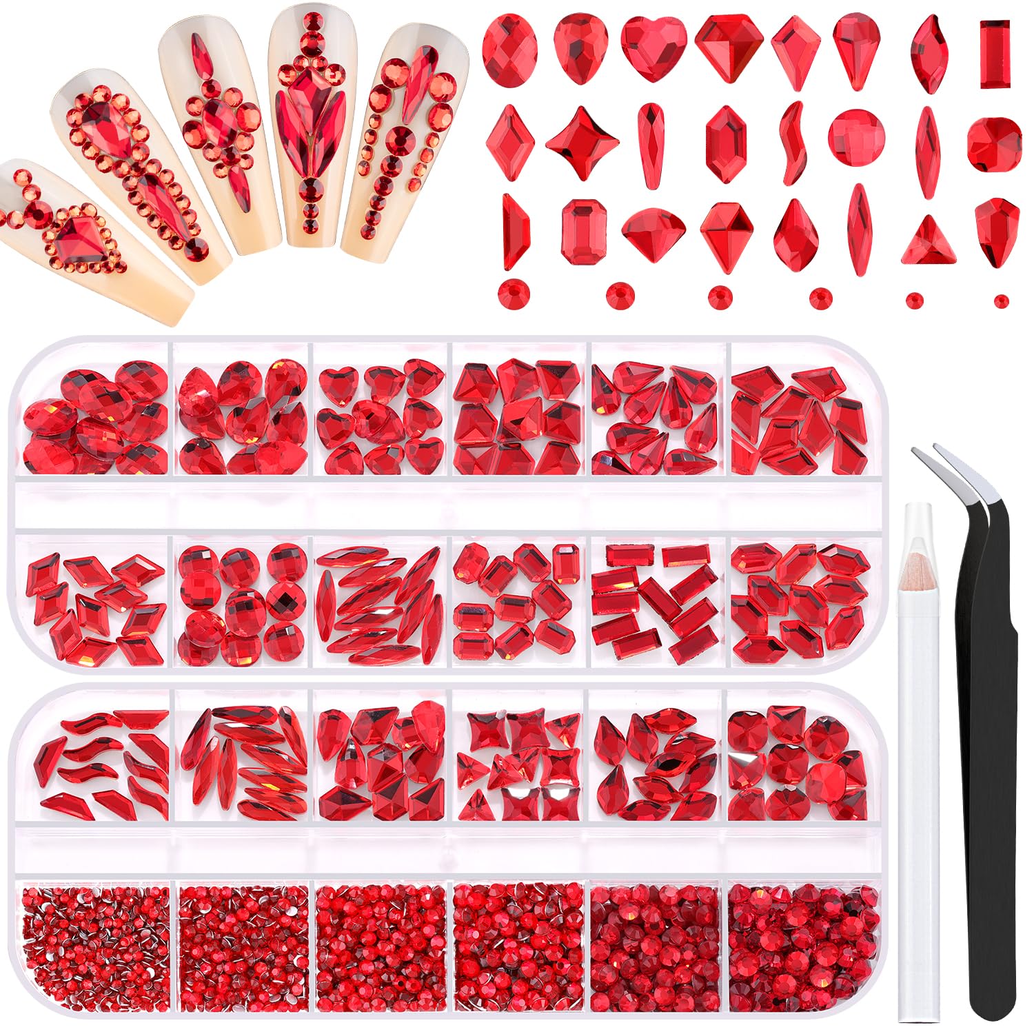 1680Pcs Red Glass Nail Rhinestones 180Pcs Multi Shapes Flatback Nail Gems + 1500Pcs 1.5-4mm Round Crystal, Manicure Nail Charms Diamond Gemstones for Acrylic Nails Decoration-GlimoraGlow
