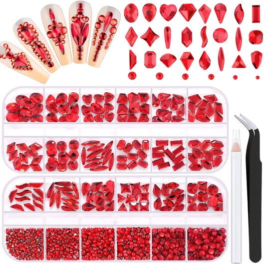 1680Pcs Red Glass Nail Rhinestones 180Pcs Multi Shapes Flatback Nail Gems + 1500Pcs 1.5-4mm Round Crystal, Manicure Nail Charms Diamond Gemstones for Acrylic Nails Decoration-GlimoraGlow