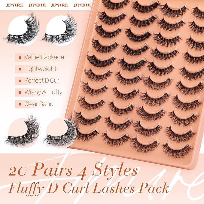 JIMIRE False Eyelashes 4 Styles Mixed Demi Wispies Cat Eye Lashes Mink Lashes Fluffy D Curl Russian Strip Lashes Natural Look Fake Lashes Pestañas 20 Pairs Pack-GlimoraGlow