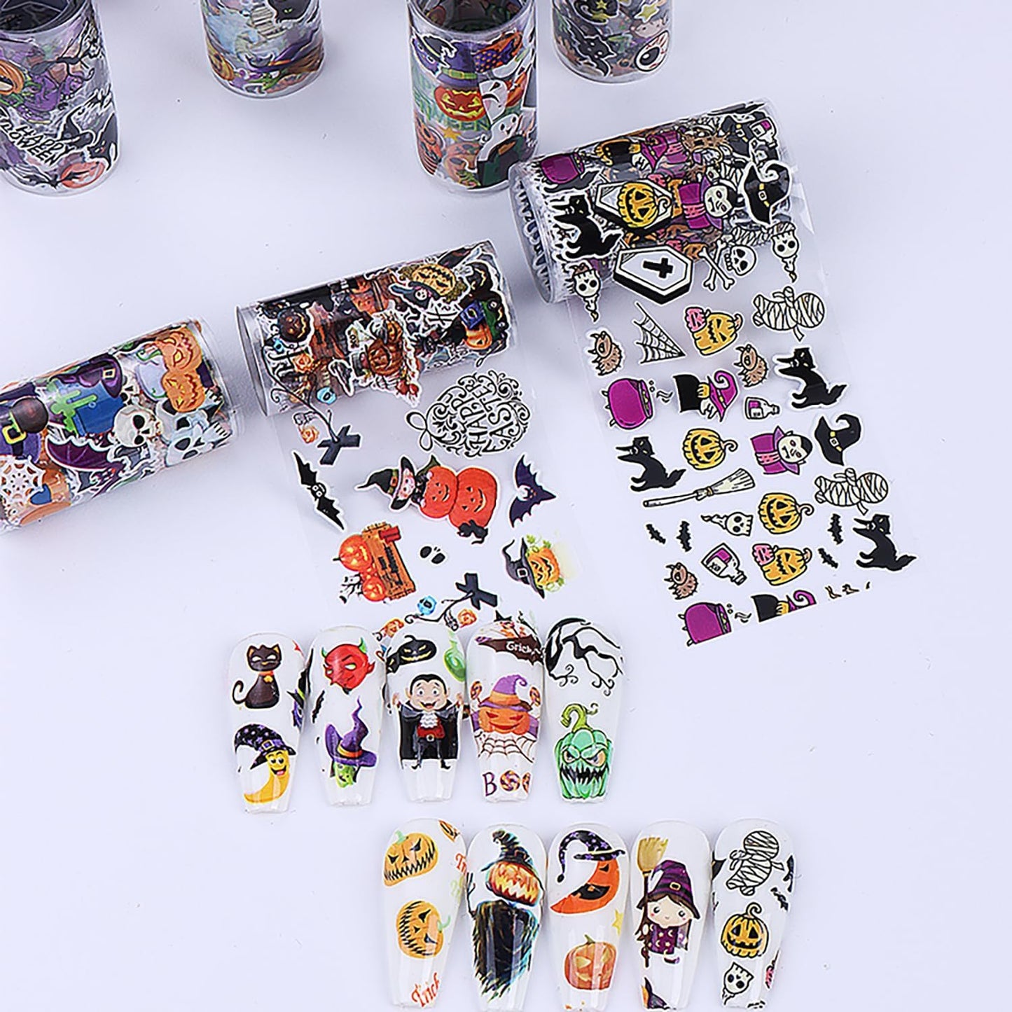 10 Rolls Halloween Nail Transfer Foil Stickers Set Halloween Theme Nail Art Foils Decals Cartoon Design Nail Foil Transfers Pumpkin Bat Ghost Skull Cat Nail Decorations for Women Manicure Supplies-GlimoraGlow