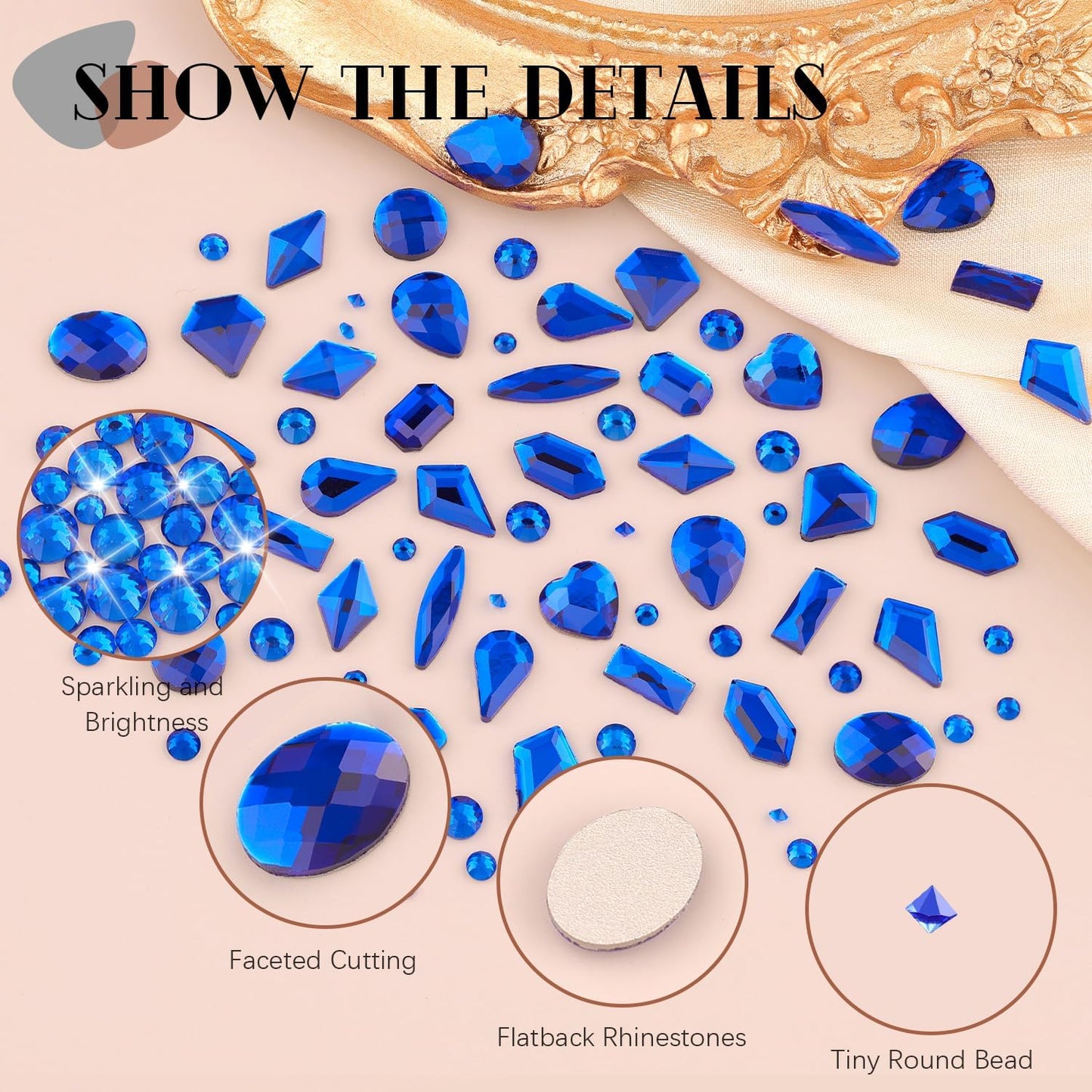 2060Pcs Royal Blue Glass Nail Rhinestones 60Pcs Multi Shapes Flatback Nail Gems + 2000Pcs 1.5-4mm Round Crystal, Manicure Nail Charms Diamond Gemstones for Acrylic Nails Decoration-GlimoraGlow